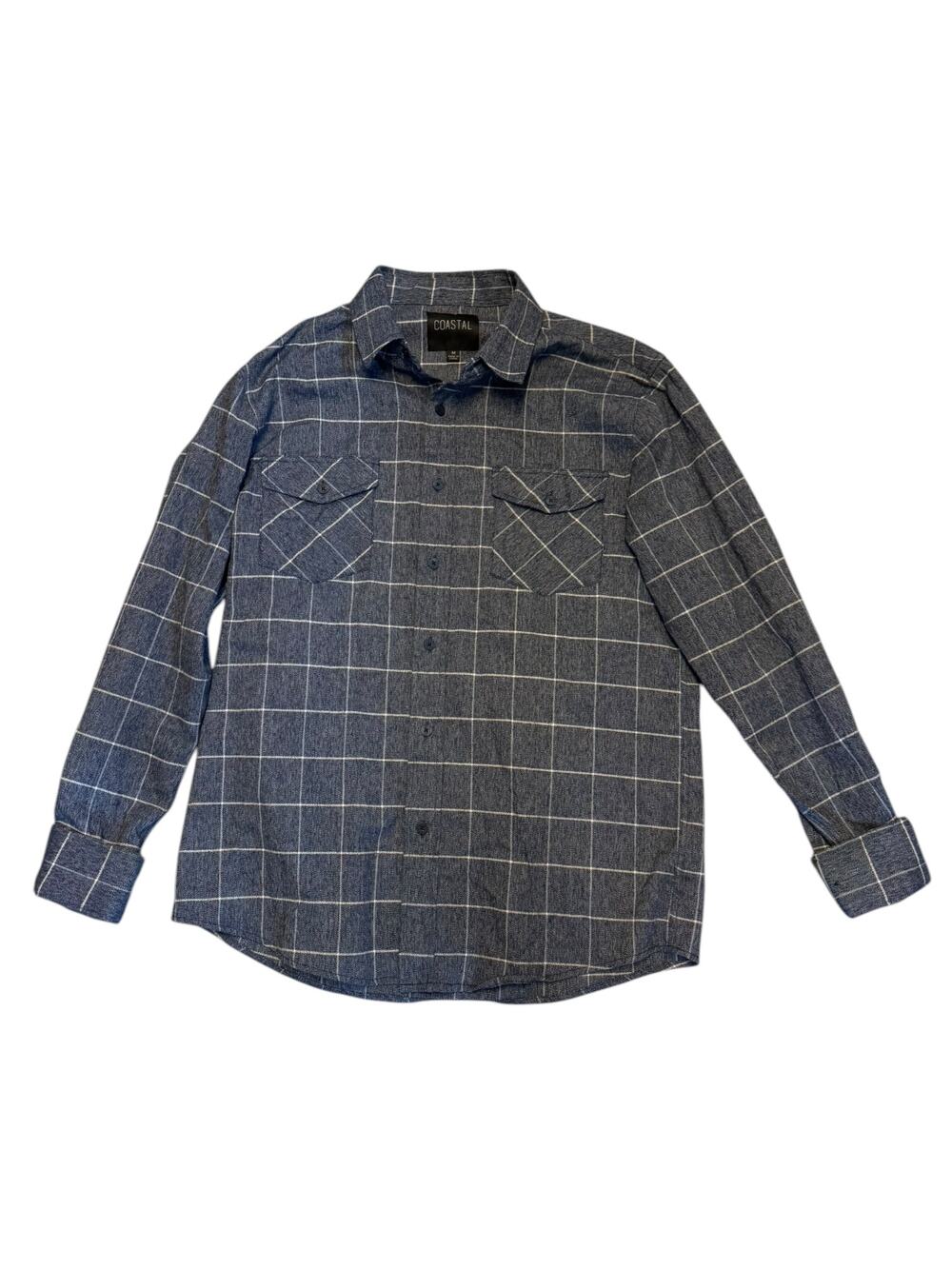 Coastal Cotton Navy Blue Plaid Long Sleeve Flannel Shirt Size Medium EUC